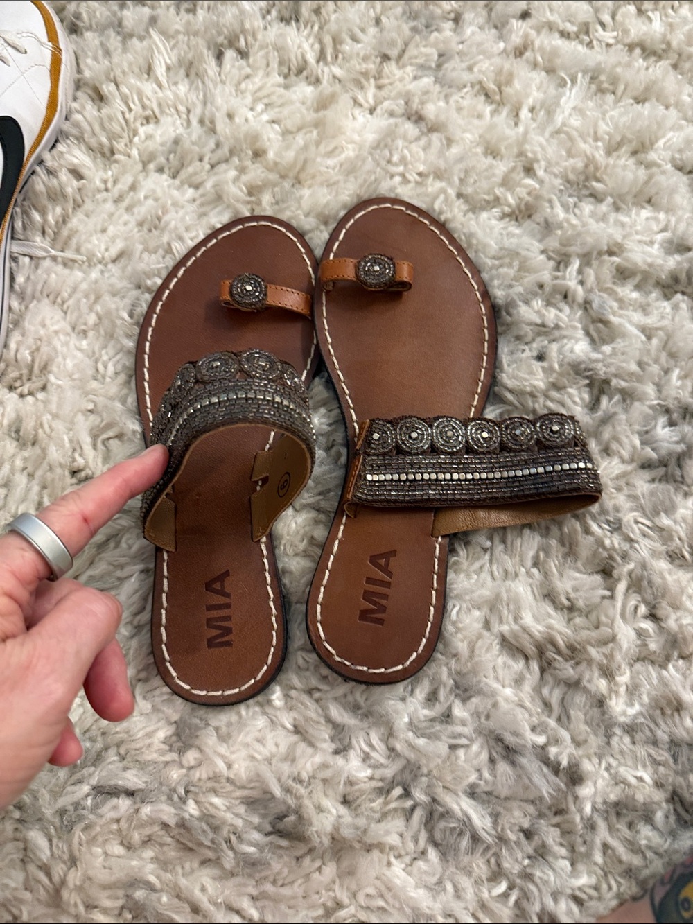 MIA Brown Jeweled Toe-Loop Slide Sandals